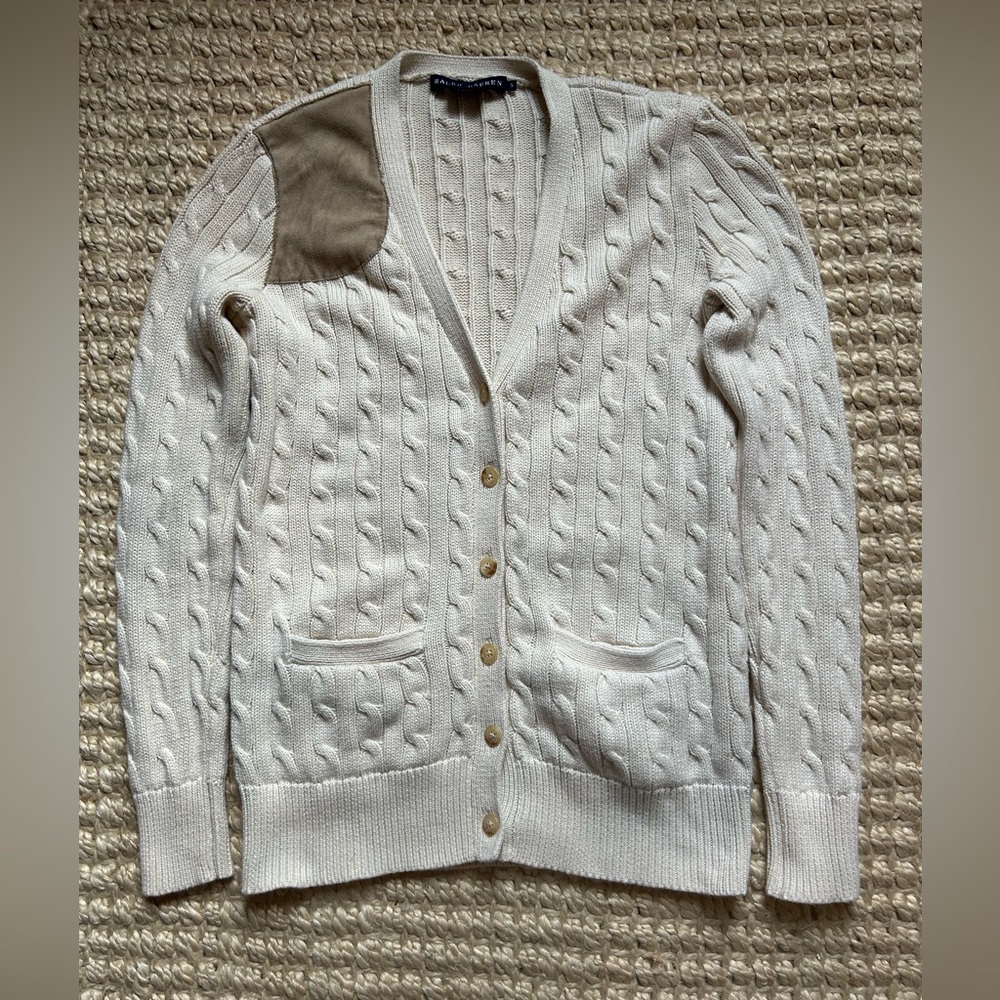 Vintage 1980 Ralph Lauren Cream Cable Knit Button Down Cardigan Tan Suede Patch